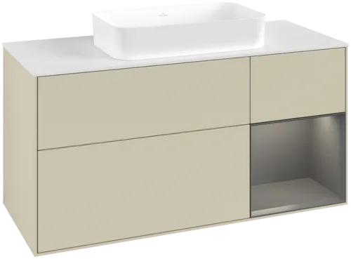 VILLEROY BOCH Toaletní skříňka Finion, s osvětlením, 3 výsuvy, 1200 x 603 x 501 mm, hedvábně šedý matný lak / antracitový matný lak / bílé matné sklo #F711GKHJ