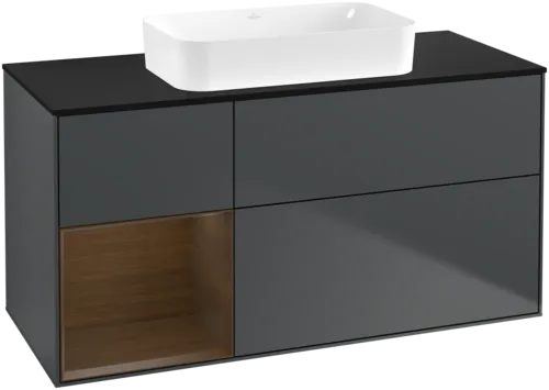 VILLEROY BOCH Toaletní skříňka Finion, s osvětlením, 3 výsuvy, 1200 x 603 x 501 mm, půlnočně modrý matný lak / ořechová dýha / černé matné sklo #F702GNHG