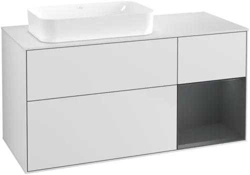VILLEROY BOCH Toaletní skříňka Finion, s osvětlením, 3 výsuvy, 1200 x 603 x 501 mm, bílý matný lak / půlnoční modrý matný lak / bílé matné sklo #F691HGMT