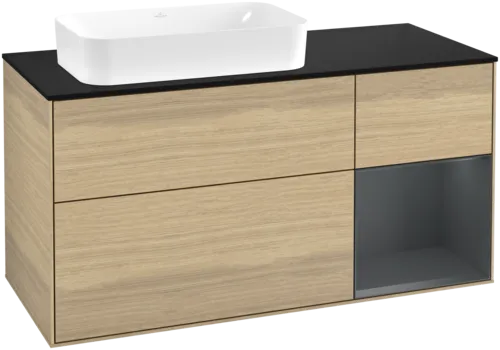 VILLEROY BOCH Toaletní skříňka Finion, s osvětlením, 3 výsuvy, 1200 x 603 x 501 mm, dubová dýha / půlnočně modrý matný lak / černé matné sklo #F692HGPC