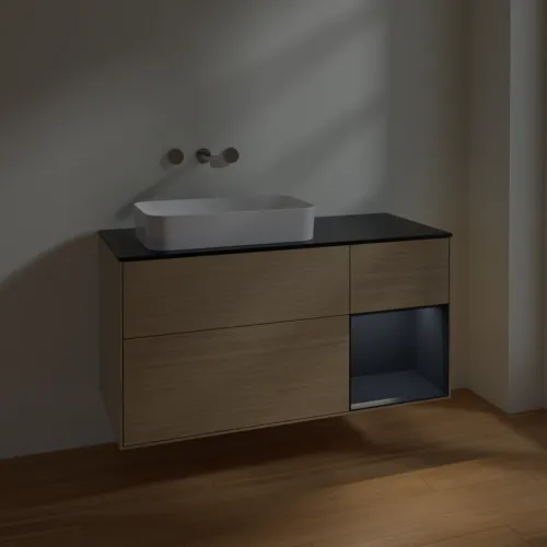 VILLEROY BOCH Toaletní skříňka Finion, s osvětlením, 3 výsuvy, 1200 x 603 x 501 mm, dubová dýha / půlnočně modrý matný lak / černé matné sklo #F692HGPC, obrázek 4