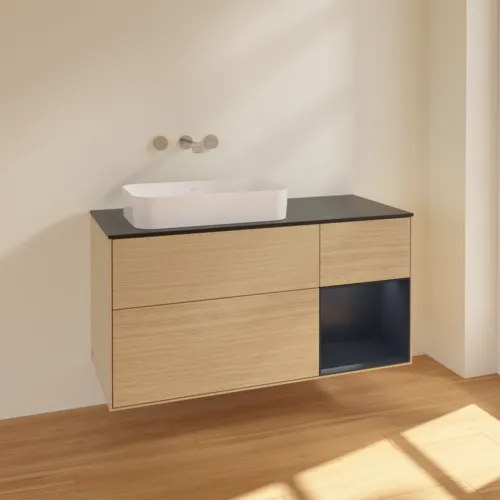 VILLEROY BOCH Toaletní skříňka Finion, s osvětlením, 3 výsuvy, 1200 x 603 x 501 mm, dubová dýha / půlnočně modrý matný lak / černé matné sklo #F692HGPC, obrázek 2