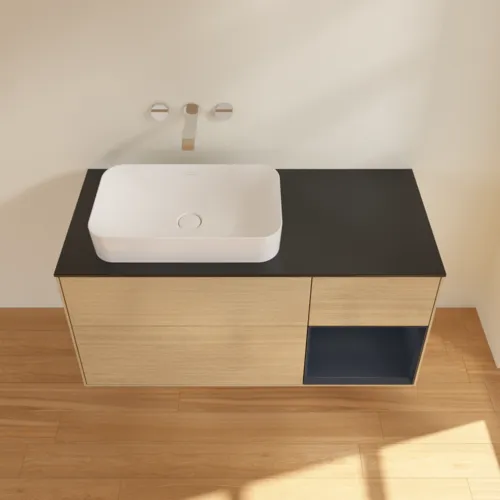 VILLEROY BOCH Toaletní skříňka Finion, s osvětlením, 3 výsuvy, 1200 x 603 x 501 mm, dubová dýha / půlnočně modrý matný lak / černé matné sklo #F692HGPC, obrázek 3