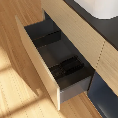 VILLEROY BOCH Toaletní skříňka Finion, s osvětlením, 3 výsuvy, 1200 x 603 x 501 mm, dubová dýha / půlnočně modrý matný lak / černé matné sklo #F692HGPC, obrázek 5
