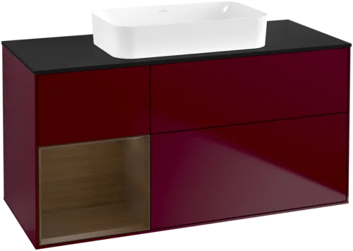 VILLEROY BOCH Toaletní skříňka Finion, s osvětlením, 3 výsuvy, 1200 x 603 x 501 mm, matný lak Peony / ořechová dýha / černé matné sklo #F702GNHB