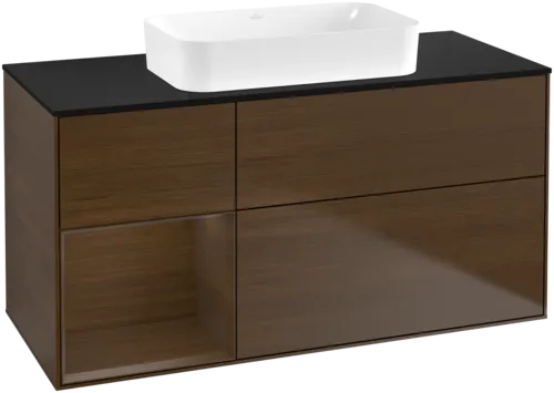 VILLEROY BOCH Toaletní skříňka Finion, s osvětlením, 3 výsuvy, 1200 x 603 x 501 mm, ořechová dýha / ořechová dýha / sklo černé matné #F702GNGN