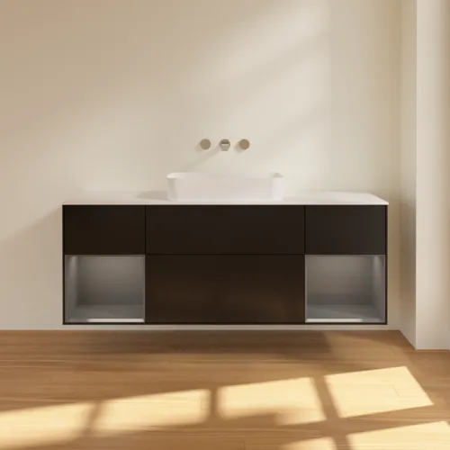 VILLEROY BOCH Toaletní skříňka Finion, s osvětlením, 4 výsuvy, 1600 x 603 x 501 mm, černý matný lak / antracitový matný lak / bílé matné sklo #F741GKPD, obrázek 3