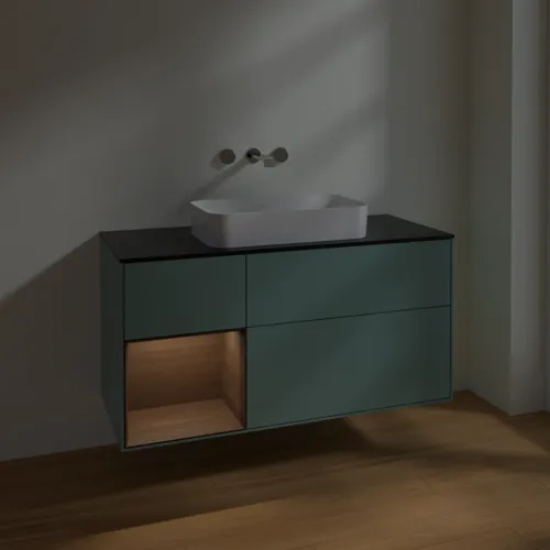 VILLEROY BOCH Toaletní skříňka Finion, s osvětlením, 3 výsuvy, 1200 x 603 x 501 mm, olivový matný lak / ořechová dýha / černé matné sklo #F702GNGM, obrázek 4