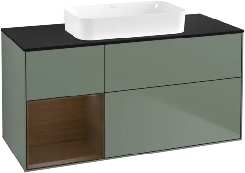 VILLEROY BOCH Toaletní skříňka Finion, s osvětlením, 3 výsuvy, 1200 x 603 x 501 mm, olivový matný lak / ořechová dýha / černé matné sklo #F702GNGM