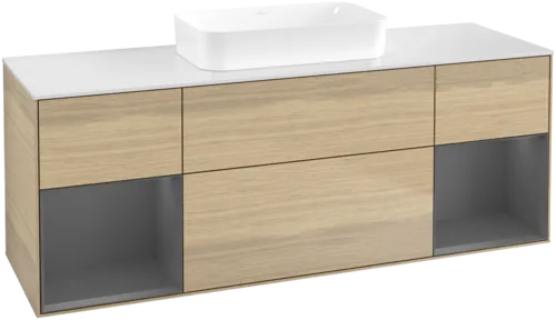 VILLEROY BOCH Toaletní skříňka Finion, s osvětlením, 4 výsuvy, 1600 x 603 x 501 mm, dubová dýha / antracitový matný lak / bílé matné sklo #F741GKPC