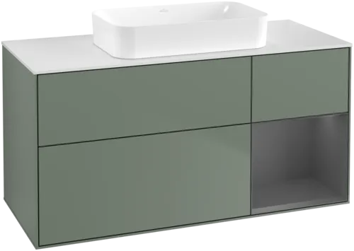 VILLEROY BOCH Toaletní skříňka Finion, s osvětlením, 3 výsuvy, 1200 x 603 x 501 mm, olivový matný lak / antracitový matný lak / bílé matné sklo #F711GKGM