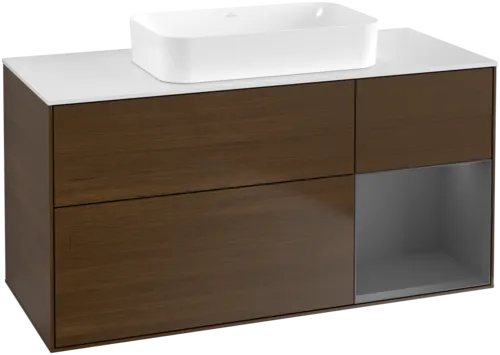 VILLEROY BOCH Toaletní skříňka Finion, s osvětlením, 3 výsuvy, 1200 x 603 x 501 mm, ořechová dýha / antracitový matný lak / bílé matné sklo #F711GKGN