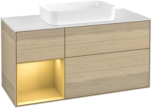 VILLEROY BOCH Toaletní skříňka Finion, s osvětlením, 3 výsuvy, 1200 x 603 x 501 mm, dubová dýha / zlatý matný lak / sklo bílé matné #F701HFPC