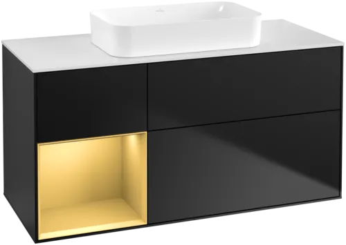 VILLEROY BOCH Toaletní skříňka Finion, s osvětlením, 3 výsuvy, 1200 x 603 x 501 mm, černý matný lak / zlatý matný lak / bílé matné sklo #F701HFPD