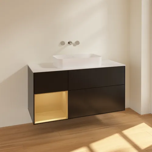 VILLEROY BOCH Toaletní skříňka Finion, s osvětlením, 3 výsuvy, 1200 x 603 x 501 mm, černý matný lak / zlatý matný lak / bílé matné sklo #F701HFPD, obrázek 2