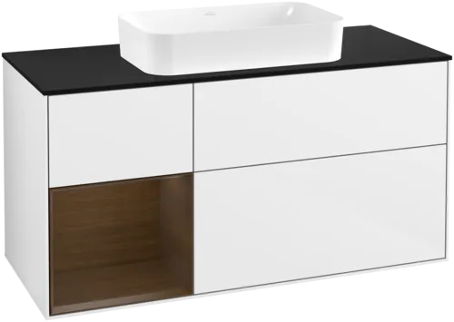 VILLEROY BOCH Toaletní skříňka Finion, s osvětlením, 3 výsuvy, 1200 x 603 x 501 mm, lesklý bílý lak / ořechová dýha / černé matné sklo #F702GNGF