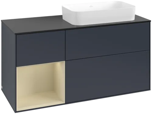 VILLEROY BOCH Toaletní skříňka Finion, s osvětlením, 3 výsuvy, 1200 x 603 x 501 mm, Midnight Blue Matt Lacquer / Silk Grey Matt Lacquer / Glass Black Matt #F682HJHG