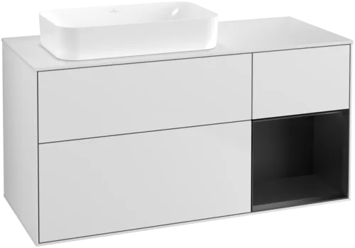 VILLEROY BOCH Toaletní skříňka Finion, s osvětlením, 3 výsuvy, 1200 x 603 x 501 mm, bílý matný lak / černý matný lak / bílé matné sklo #F691PDMT