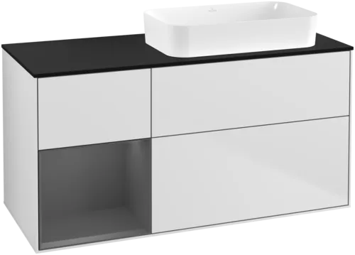 VILLEROY BOCH Toaletní skříňka Finion, s osvětlením, 3 výsuvy, 1200 x 603 x 501 mm, bílý matný lak / antracitový matný lak / černé matné sklo #F682GKMT