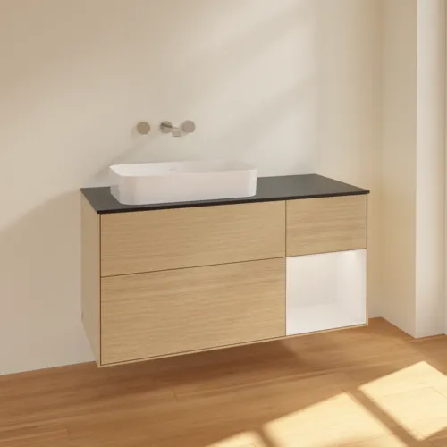 VILLEROY BOCH Toaletní skříňka Finion, s osvětlením, 3 výsuvy, 1200 x 603 x 501 mm, dubová dýha / lesklý bílý lak / černé matné sklo #F692GFPC, obrázek 2