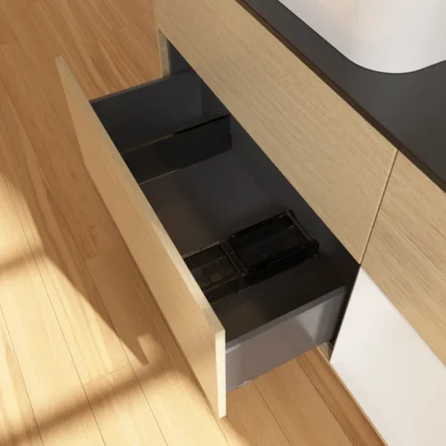 VILLEROY BOCH Toaletní skříňka Finion, s osvětlením, 3 výsuvy, 1200 x 603 x 501 mm, dubová dýha / lesklý bílý lak / černé matné sklo #F692GFPC, obrázek 4
