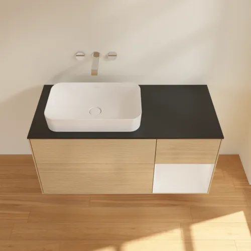 VILLEROY BOCH Toaletní skříňka Finion, s osvětlením, 3 výsuvy, 1200 x 603 x 501 mm, dubová dýha / lesklý bílý lak / černé matné sklo #F692GFPC, obrázek 3