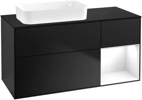 VILLEROY BOCH Toaletní skříňka Finion, s osvětlením, 3 výsuvy, 1200 x 603 x 501 mm, černý matný lak / bílý lesklý lak / černé matné sklo #F692GFPD