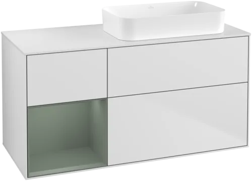 VILLEROY BOCH Toaletní skříňka Finion, s osvětlením, 3 výsuvy, 1200 x 603 x 501 mm, bílý matný lak / olivový matný lak / sklo bílé matné #F681GMMT