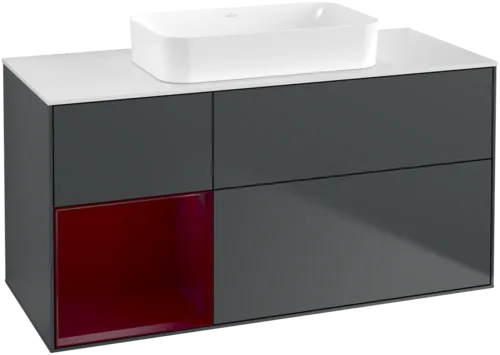 VILLEROY BOCH Toaletní skříňka Finion, s osvětlením, 3 výsuvy, 1200 x 603 x 501 mm, Midnight Blue Matt Lacquer / Peony Matt Lacquer / Glass White Matt #F701HBHG