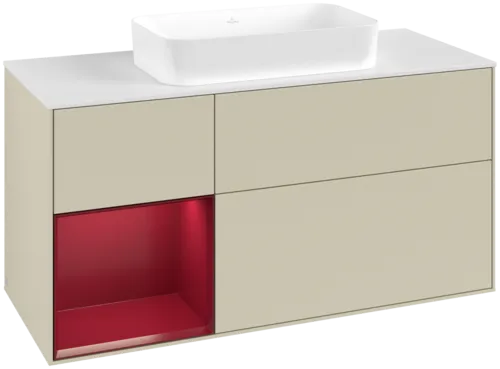 VILLEROY BOCH Toaletní skříňka Finion, s osvětlením, 3 výsuvy, 1200 x 603 x 501 mm, Silk Grey Matt Lacquer / Peony Matt Lacquer / Glass White Matt #F701HBHJ