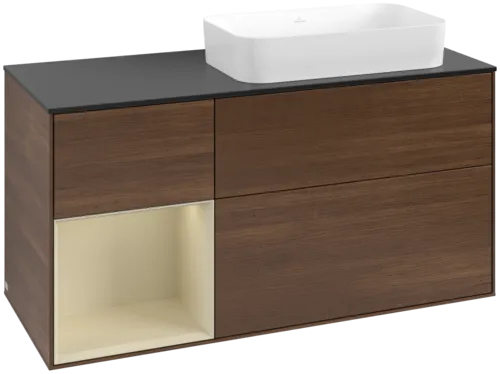 VILLEROY BOCH Toaletní skříňka Finion, s osvětlením, 3 výsuvy, 1200 x 603 x 501 mm, ořechová dýha / hedvábně šedý matný lak / sklo černé matné #F682HJGN