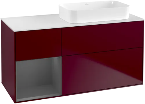 VILLEROY BOCH Toaletní skříňka Finion, s osvětlením, 3 výsuvy, 1200 x 603 x 501 mm, matný lak Pivoňka / matný lak Antracit / matné sklo Bílá #F681GKHB