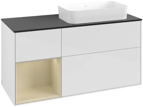 VILLEROY BOCH Toaletní skříňka Finion, s osvětlením, 3 výsuvy, 1200 x 603 x 501 mm, lesklý bílý lak / hedvábně šedý matný lak / černé matné sklo #F682HJGF