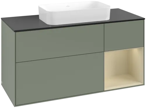 VILLEROY BOCH Toaletní skříňka Finion, s osvětlením, 3 výsuvy, 1200 x 603 x 501 mm, olivový matný lak / hedvábně šedý matný lak / černé matné sklo #F712HJGM