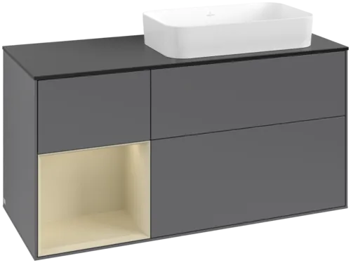 VILLEROY BOCH Toaletní skříňka Finion, s osvětlením, 3 výsuvy, 1200 x 603 x 501 mm, antracitový matný lak / hedvábně šedý matný lak / černé matné sklo #F682HJGK