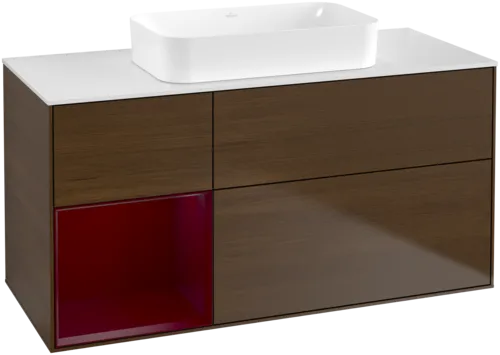 VILLEROY BOCH Toaletní skříňka Finion, s osvětlením, 3 výsuvy, 1200 x 603 x 501 mm, ořechová dýha / matný lak Pivoňka / matné bílé sklo #F701HBGN