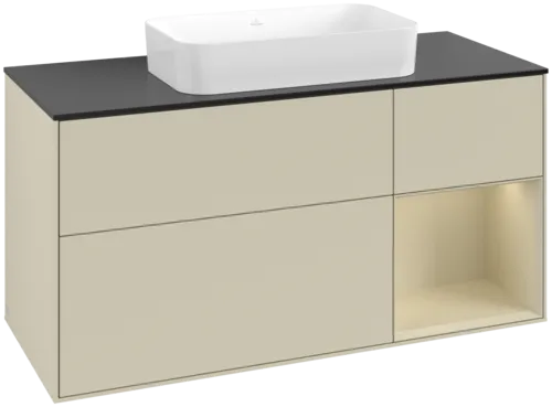 VILLEROY BOCH Toaletní skříňka Finion, s osvětlením, 3 výsuvy, 1200 x 603 x 501 mm, Silk Grey Matt Lacquer / Silk Grey Matt Lacquer / Glass Black Matt #F712HJHJ