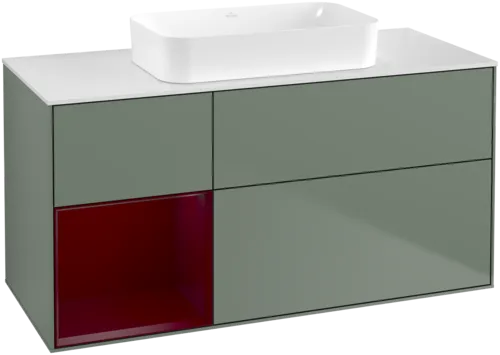 VILLEROY BOCH Toaletní skříňka Finion, s osvětlením, 3 výsuvy, 1200 x 603 x 501 mm, olivový matný lak / pivoňkový matný lak / bílé matné sklo #F701HBGM