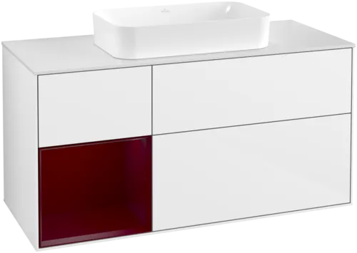 VILLEROY BOCH Toaletní skříňka Finion, s osvětlením, 3 výsuvy, 1200 x 603 x 501 mm, lesklý bílý lak / matný lak Pivoňka / matné bílé sklo #F701HBGF