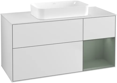 VILLEROY BOCH Toaletní skříňka Finion, s osvětlením, 3 výsuvy, 1200 x 603 x 501 mm, bílý matný lak / olivový matný lak / sklo bílé matné #F711GMMT
