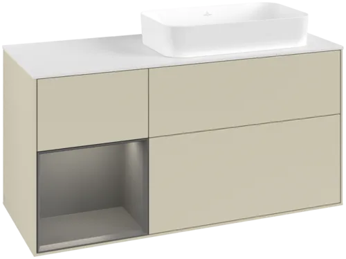 VILLEROY BOCH Toaletní skříňka Finion, s osvětlením, 3 výsuvy, 1200 x 603 x 501 mm, hedvábně šedý matný lak / antracitový matný lak / bílé matné sklo #F681GKHJ