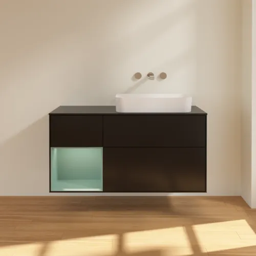VILLEROY BOCH Toaletní skříňka Finion, s osvětlením, 3 výsuvy, 1200 x 603 x 501 mm, černý matný lak / olivový matný lak / černé matné sklo #F682GMPD, obrázek 3
