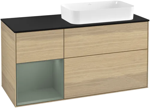 VILLEROY BOCH Toaletní skříňka Finion, s osvětlením, 3 výsuvy, 1200 x 603 x 501 mm, dubová dýha / olivově matný lak / sklo černé matné #F682GMPC