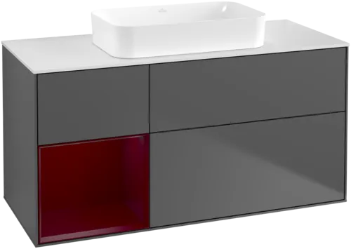 VILLEROY BOCH Toaletní skříňka Finion, s osvětlením, 3 výsuvy, 1200 x 603 x 501 mm, antracitový matný lak / pivoňkový matný lak / bílé matné sklo #F701HBGK