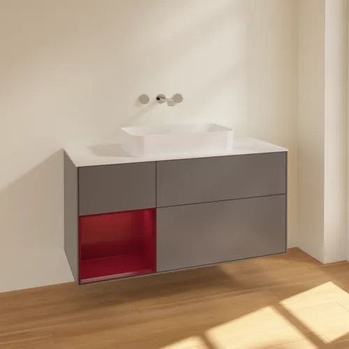 VILLEROY BOCH Toaletní skříňka Finion, s osvětlením, 3 výsuvy, 1200 x 603 x 501 mm, antracitový matný lak / pivoňkový matný lak / bílé matné sklo #F701HBGK, obrázek 2
