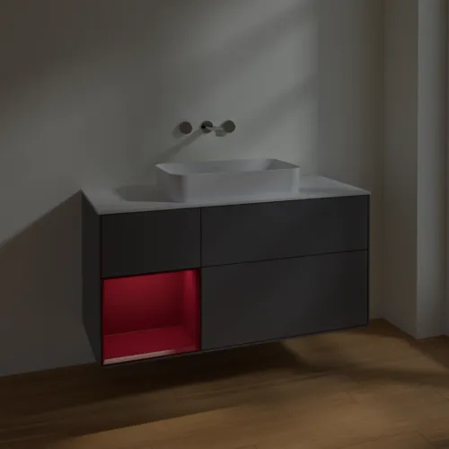 VILLEROY BOCH Toaletní skříňka Finion, s osvětlením, 3 výsuvy, 1200 x 603 x 501 mm, antracitový matný lak / pivoňkový matný lak / bílé matné sklo #F701HBGK, obrázek 4