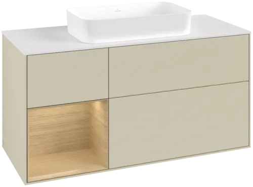 VILLEROY BOCH Toaletní skříňka Finion, s osvětlením, 3 výsuvy, 1200 x 603 x 501 mm, hedvábně šedý matný lak / dubová dýha / bílé matné sklo #F701PCHJ