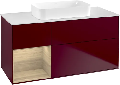 VILLEROY BOCH Toaletní skříňka Finion, s osvětlením, 3 výsuvy, 1200 x 603 x 501 mm, matný lak Peony / dubová dýha / bílé matné sklo #F701PCHB