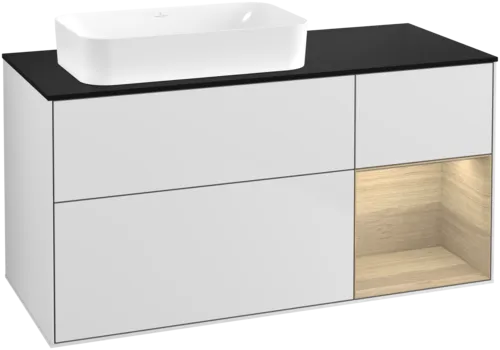 VILLEROY BOCH Toaletní skříňka Finion, s osvětlením, 3 výsuvy, 1200 x 603 x 501 mm, bílý matný lak / dubová dýha / černé matné sklo #F692PCMT