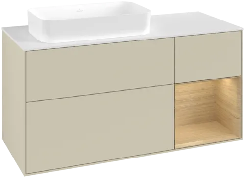 VILLEROY BOCH Toaletní skříňka Finion, s osvětlením, 3 výsuvy, 1200 x 603 x 501 mm, hedvábně šedý matný lak / dubová dýha / bílé matné sklo #F691PCHJ